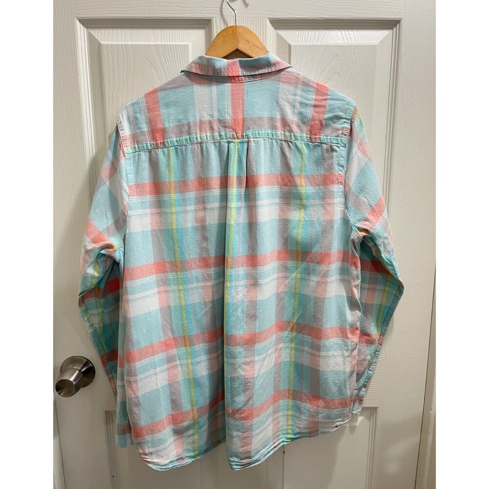 Lands' End Linen Blend Long Sleeve Button-up Plaid Shirt Size Large/T Pastel - Picture 3 of 6